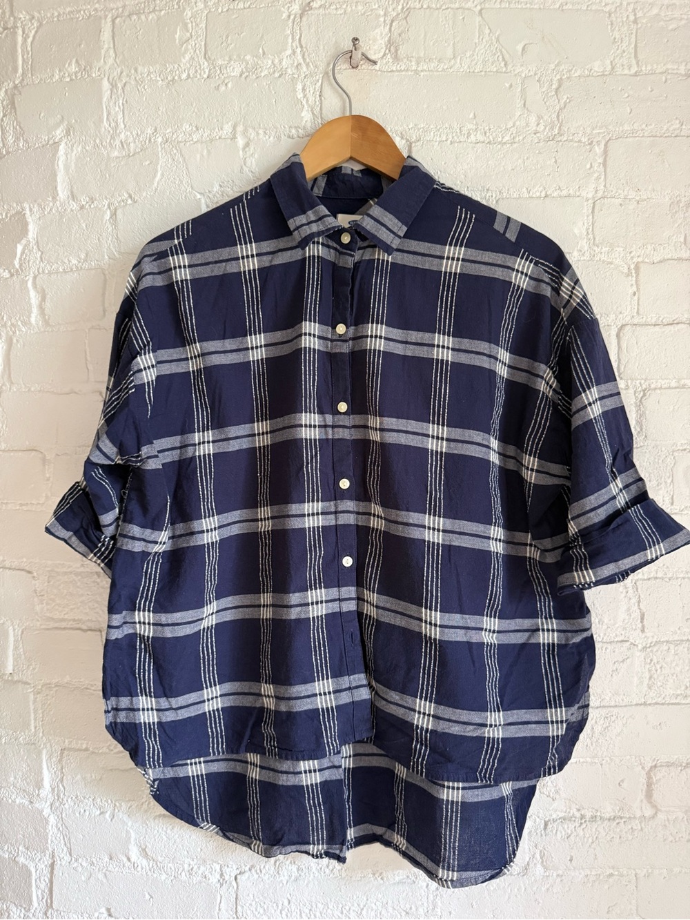 Old Navy Navy and White Plaid Short-Sleeve Button-Down Shirt